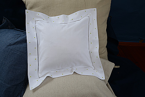 Hemstitch Baby Square Pillows 12x12" with Mist Green Polka Dots